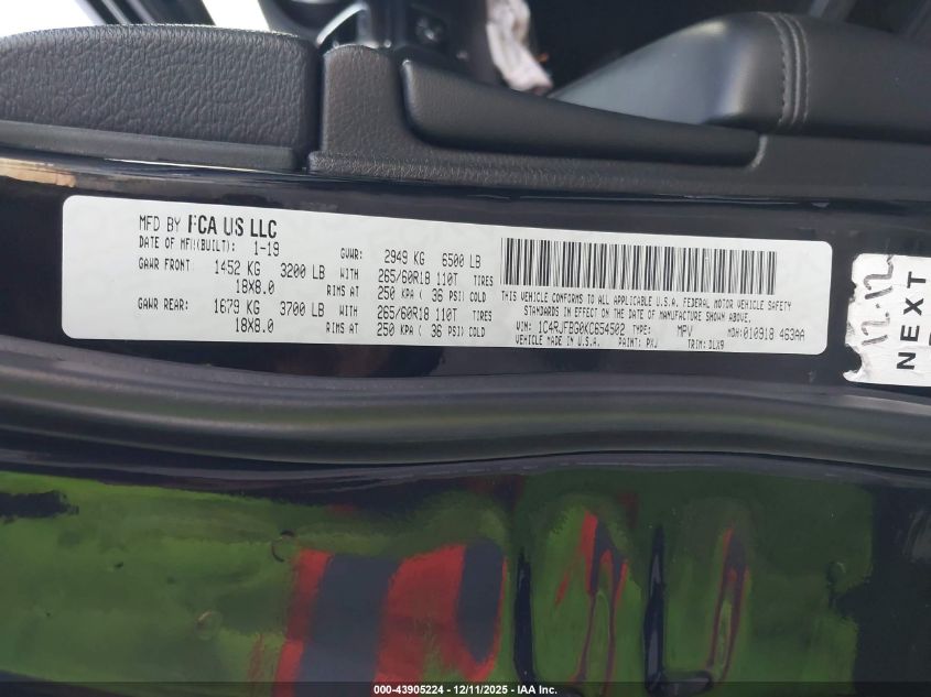 2019 Jeep Grand Cherokee Limited 4X4 VIN: 1C4RJFBG0KC654502 Lot: 43905224