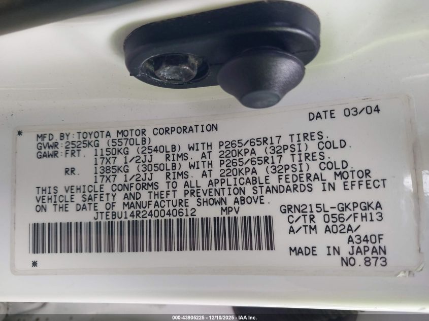 2004 Toyota 4Runner Sr5 Sport V6 VIN: JTEBU14R240040612 Lot: 43905225