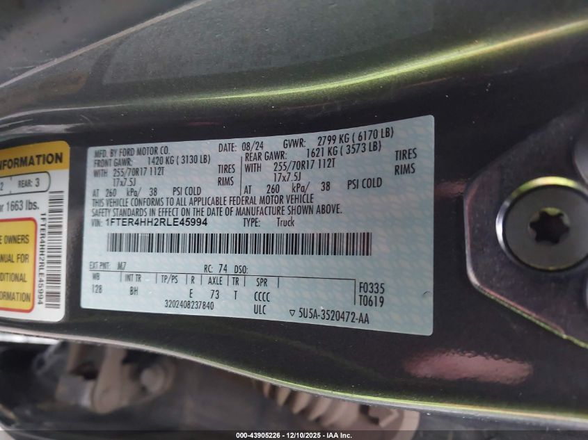 2024 Ford Ranger Xlt VIN: 1FTER4HH2RLE45994 Lot: 43905226