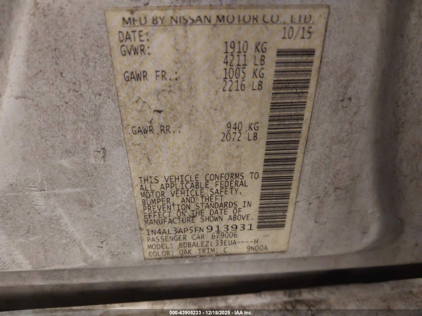 2015 Nissan Altima 2.5 S VIN: 1N4AL3AP5FN913931 Lot: 43905233
