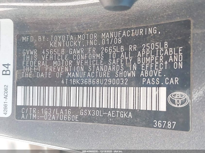 2008 Toyota Avalon Xls VIN: 4T1BK36B68U290032 Lot: 43905235