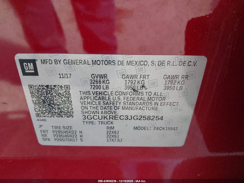 2018 Chevrolet Silverado 1500 2Lt VIN: 3GCUKREC3JG258254 Lot: 43905236