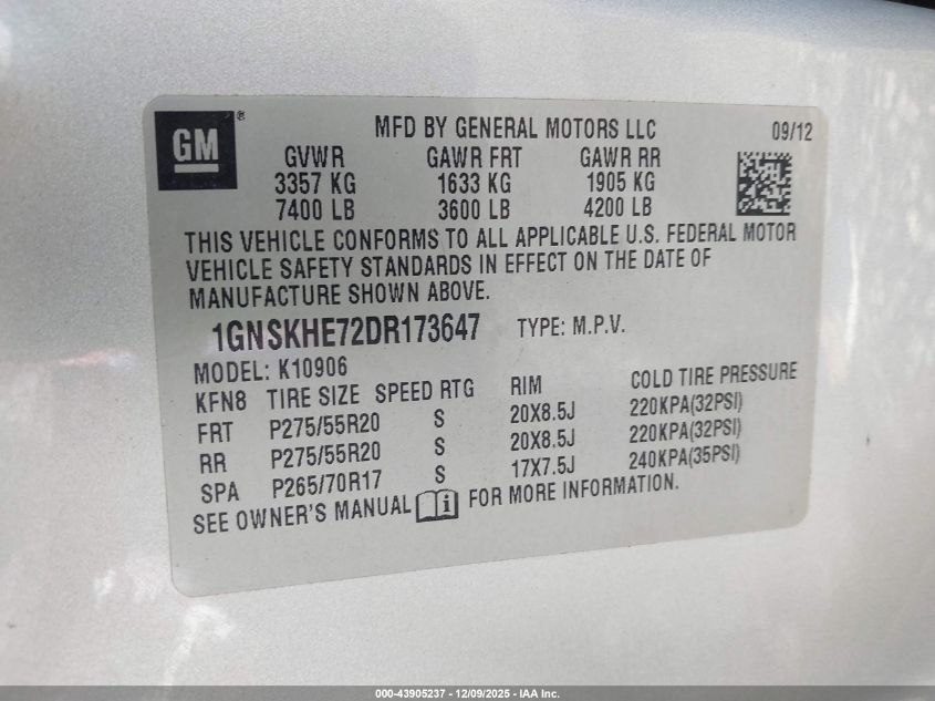 2013 Chevrolet Suburban 1500 Ls VIN: 1GNSKHE72DR173647 Lot: 43905237