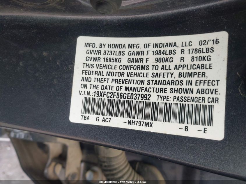 2016 Honda Civic Lx VIN: 19XFC2F56GE037992 Lot: 43905239