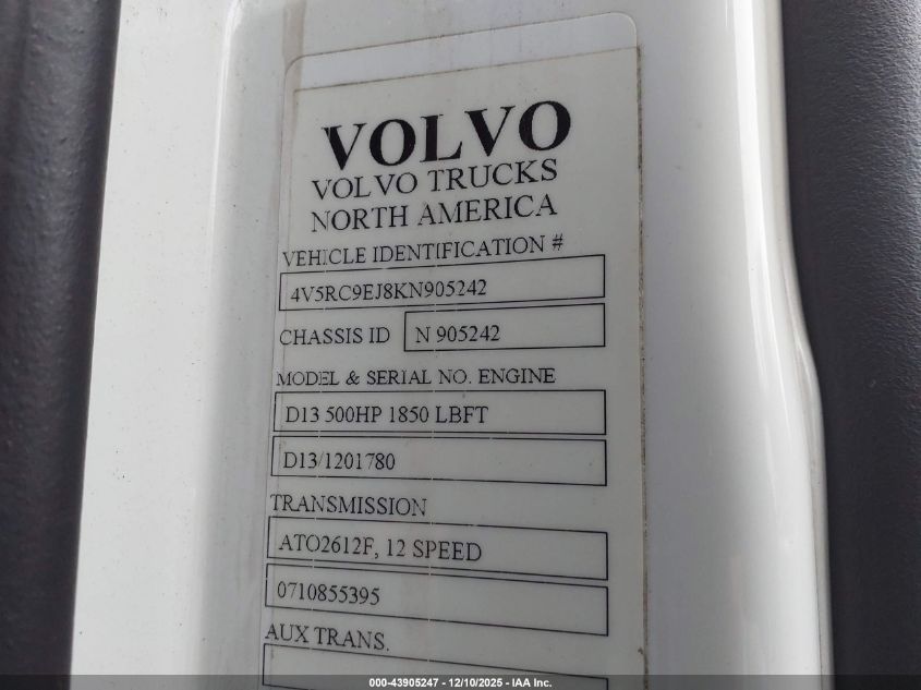 2019 Volvo Vah VIN: 4V5RC9EJ8KN905242 Lot: 43905247