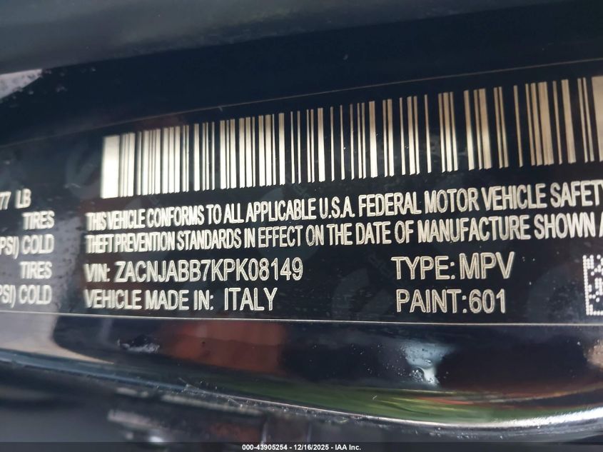 2019 Jeep Renegade Latitude Fwd VIN: ZACNJABB7KPK08149 Lot: 43905254