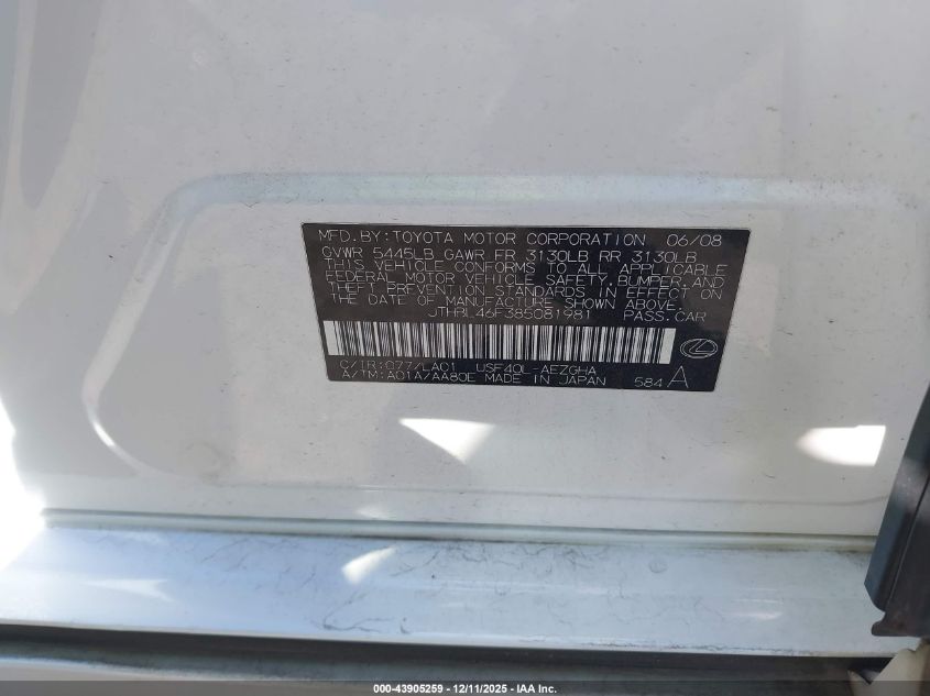 2008 Lexus Ls 460 VIN: JTHBL46F385081981 Lot: 43905259