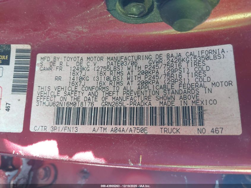 2006 Toyota Tacoma Prerunner V6 VIN: 3TMJU62N16M018176 Lot: 43905263