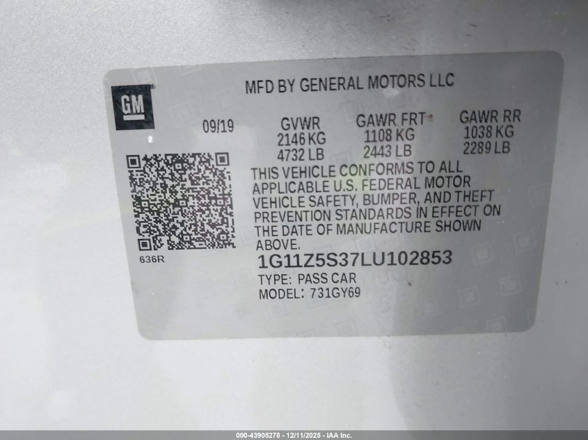 2020 Chevrolet Impala Fwd Lt VIN: 1G11Z5S37LU102853 Lot: 43905278