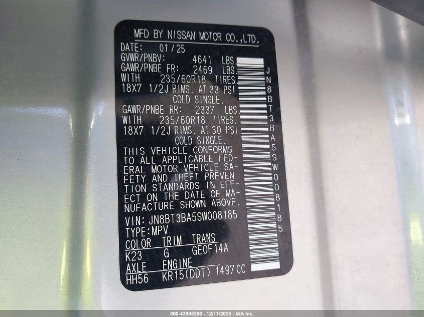 2025 Nissan Rogue Sv Fwd VIN: JN8BT3BA5SW008185 Lot: 43905280