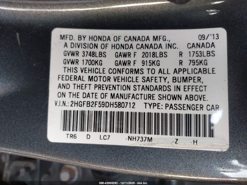 2013 Honda Civic Lx VIN: 2HGFB2F59DH580712 Lot: 43905292