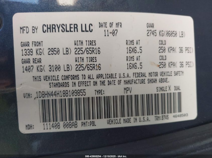 2008 Dodge Grand Caravan Se VIN: 1D8HN44H18B109855 Lot: 43905294