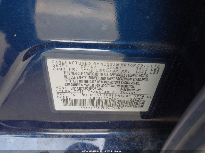 2017 Nissan Sentra S VIN: 3N1AB7AP2HY269463 Lot: 43905295