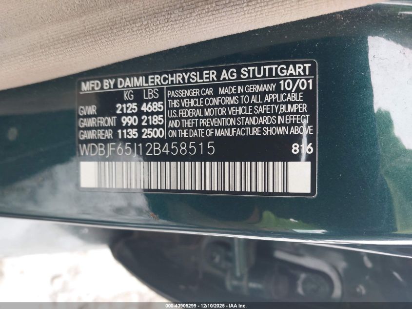 2002 Mercedes-Benz E 320 Special Edition VIN: WDBJF65J12B458515 Lot: 43905299