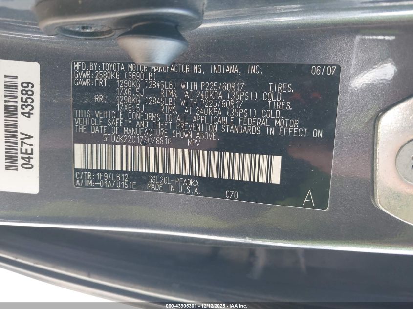 2007 Toyota Sienna Xle VIN: 5TDZK22C17S078816 Lot: 43905301