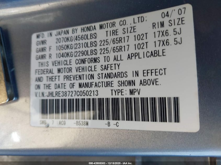 2007 Honda Cr-V Ex-L VIN: JHLRE38727C050213 Lot: 43905303