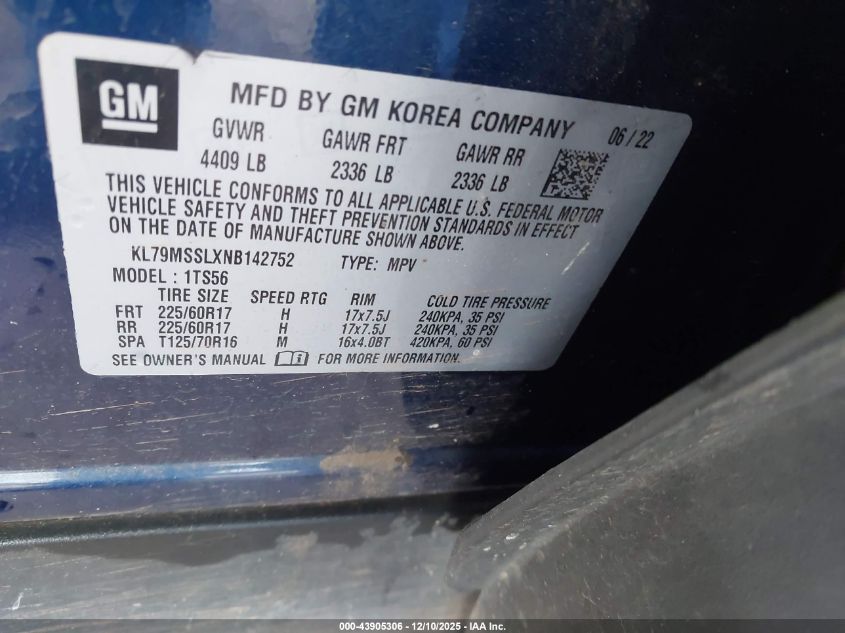 2022 Chevrolet Trailblazer Awd Activ VIN: KL79MSSLXNB142752 Lot: 43905306