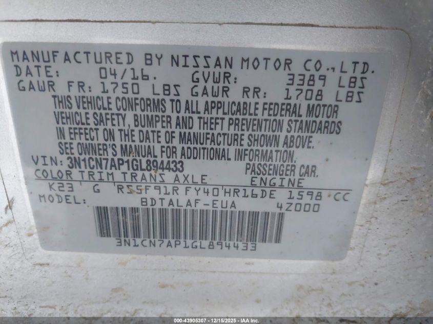 2016 Nissan Versa 1.6 S VIN: 3N1CN7AP1GL894433 Lot: 43905307