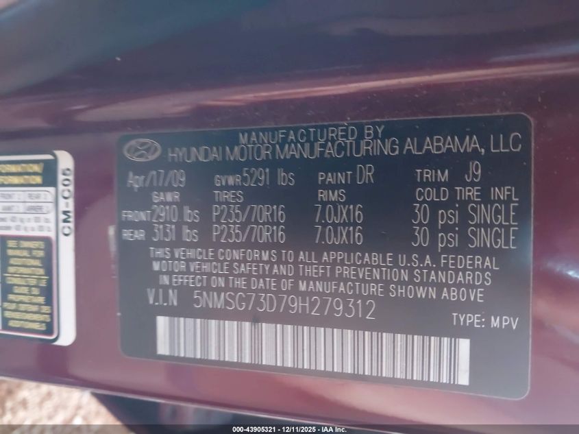 2009 Hyundai Santa Fe Gls VIN: 5NMSG73D79H279312 Lot: 43905321