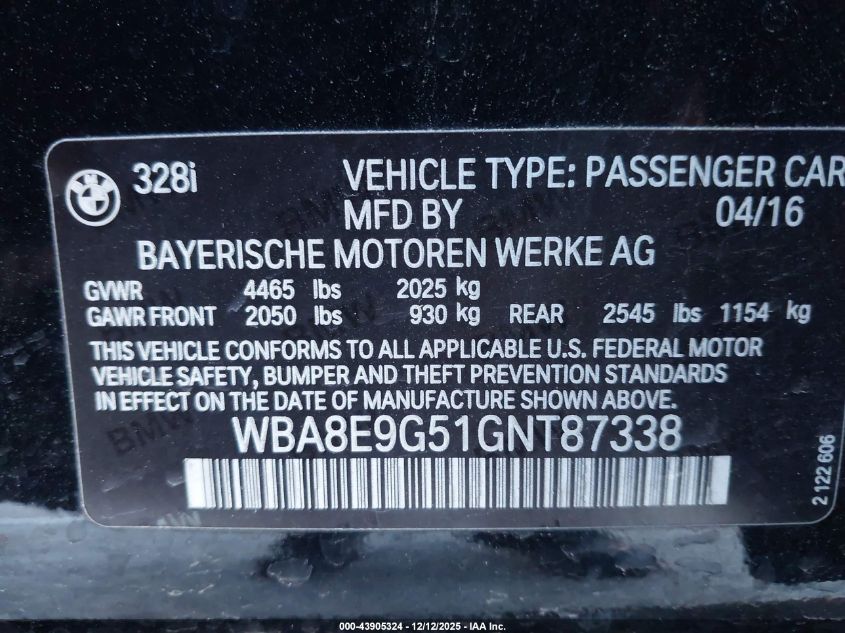2016 BMW 328I VIN: WBA8E9G51GNT87338 Lot: 43905324