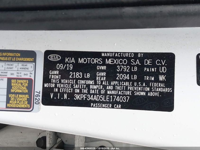 2020 Kia Forte Gt-Line VIN: 3KPF34AD5LE174037 Lot: 43905329