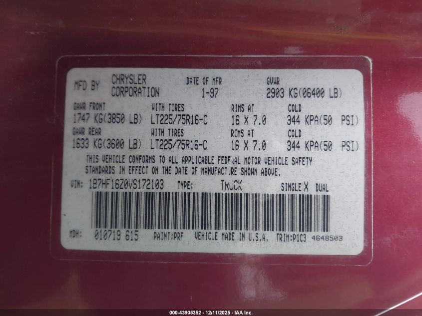 1997 Dodge Ram 1500 Lt VIN: 1B7HF16Z0VS172103 Lot: 43905352