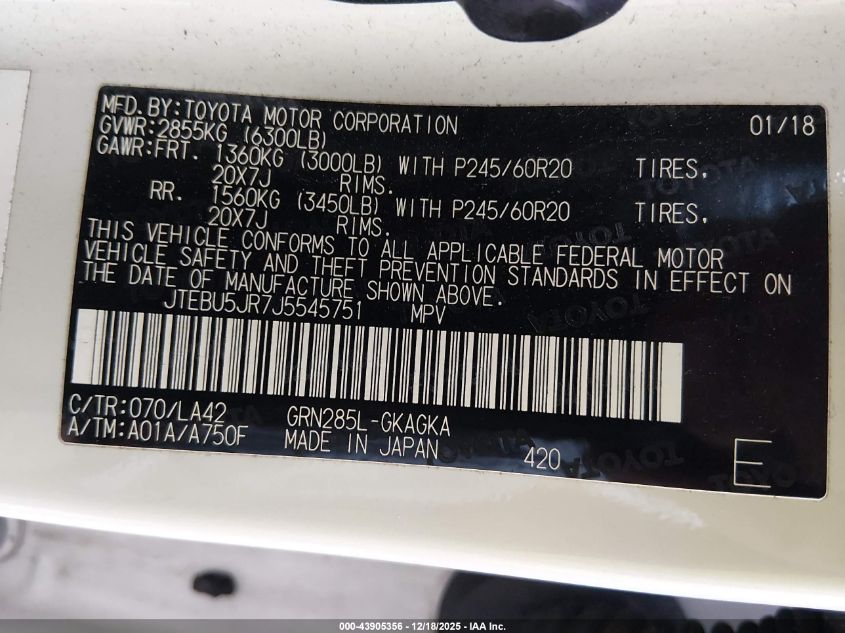 2018 Toyota 4Runner Limited VIN: JTEBU5JR7J5545751 Lot: 43905356