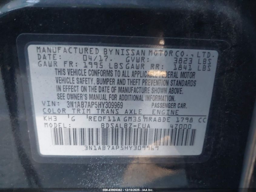 2017 Nissan Sentra S VIN: 3N1AB7AP5HY309969 Lot: 43905362