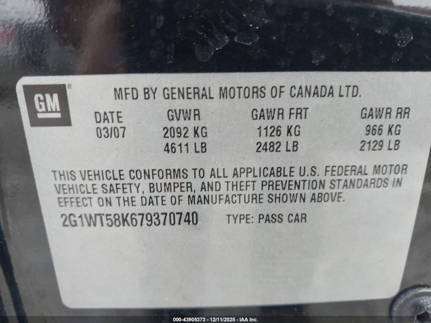 2007 Chevrolet Impala Lt VIN: 2G1WT58K679370740 Lot: 43905373