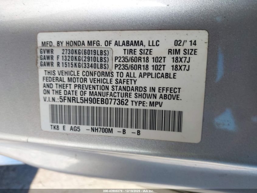 2014 Honda Odyssey Touring/Touring Elite VIN: 5FNRL5H90EB077362 Lot: 43905376