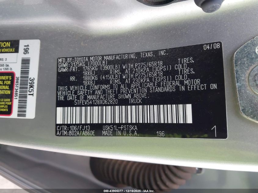 2008 Toyota Tundra Sr5 5.7L V8 VIN: 5TFEV54128X062820 Lot: 43905377