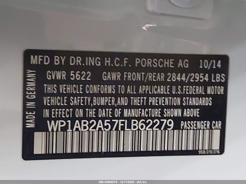 2015 Porsche Macan S VIN: WP1AB2A57FLB62279 Lot: 43905379