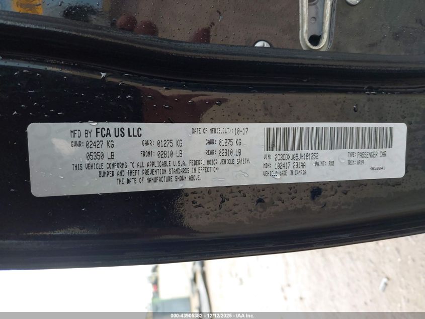 2018 Dodge Charger Gt Awd VIN: 2C3CDXJG9JH181252 Lot: 43905382