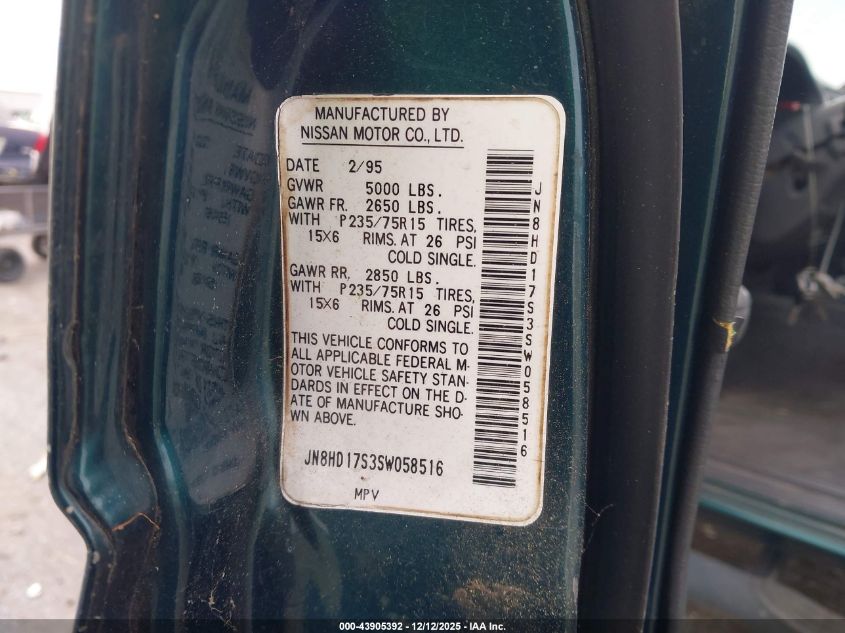 1995 Nissan Pathfinder Xe/Le VIN: JN8HD17S3SW058516 Lot: 43905392