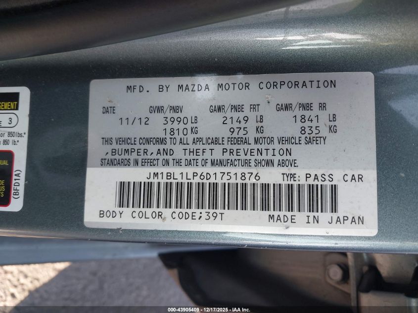 2013 Mazda Mazda3 I Touring VIN: JM1BL1LP6D1751876 Lot: 43905409