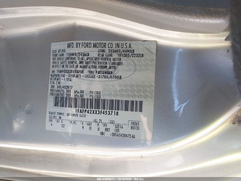 2003 Ford Mustang Gt VIN: 1FAFP42XX3F453718 Lot: 43905411