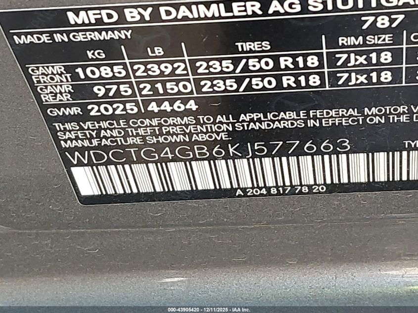 2019 Mercedes-Benz Gla 250 4Matic VIN: WDCTG4GB6KJ577663 Lot: 43905420