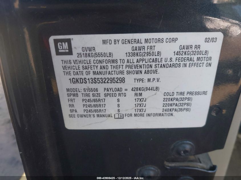 2003 GMC Envoy Slt VIN: 1GKDS13S532295298 Lot: 43905425