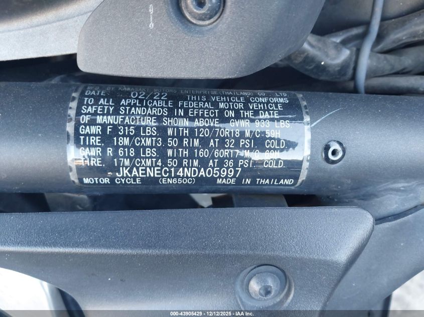 2022 Kawasaki En650 C VIN: JKAENEC14NDA05997 Lot: 43905429