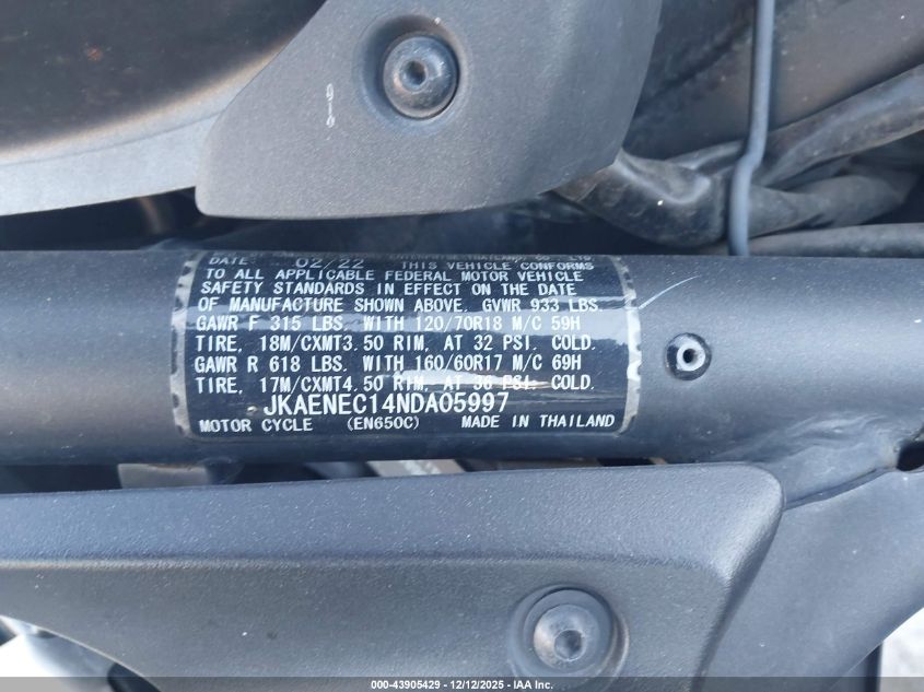 2022 Kawasaki En650 C VIN: JKAENEC14NDA05997 Lot: 43905429