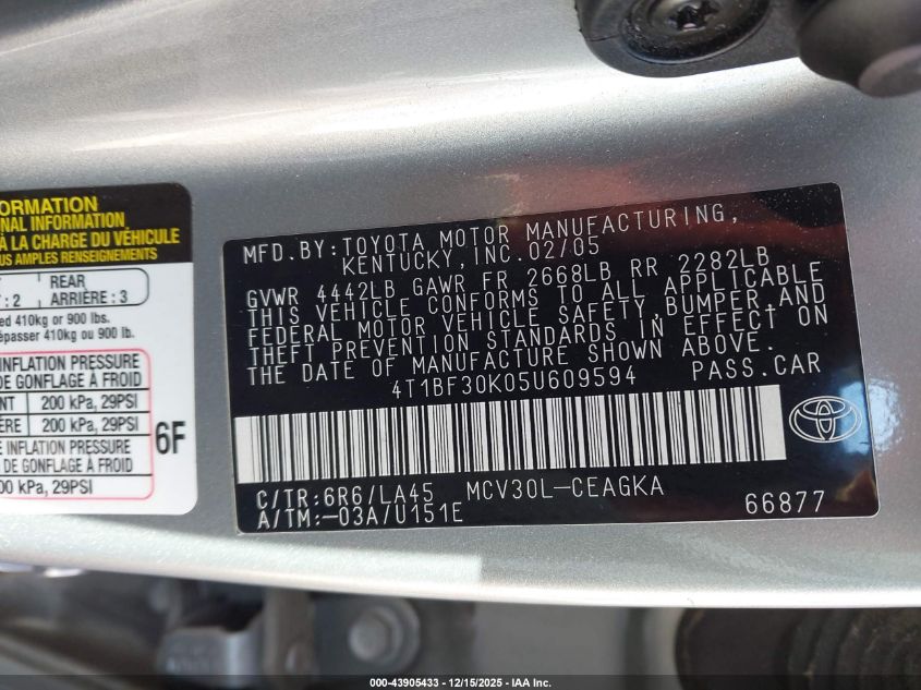 2005 Toyota Camry Xle V6 VIN: 4T1BF30K05U609594 Lot: 43905433