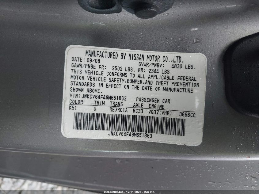 2009 Infiniti G37X VIN: JNKCV64F49M651863 Lot: 43905435