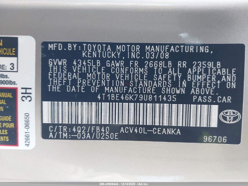 2009 Toyota Camry Le VIN: 4T1BE46K79U811435 Lot: 43905444