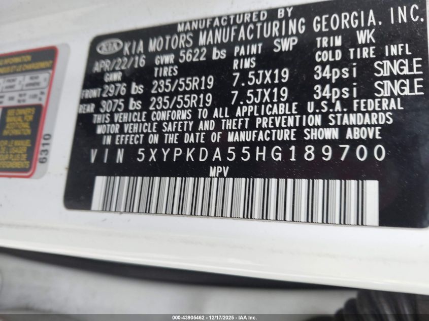 2017 Kia Sorento 3.3L Sxl VIN: 5XYPKDA55HG189700 Lot: 43905462