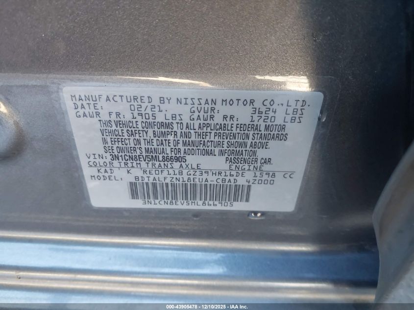 2021 Nissan Versa Sv Xtronic Cvt VIN: 3N1CN8EV5ML866905 Lot: 43905478