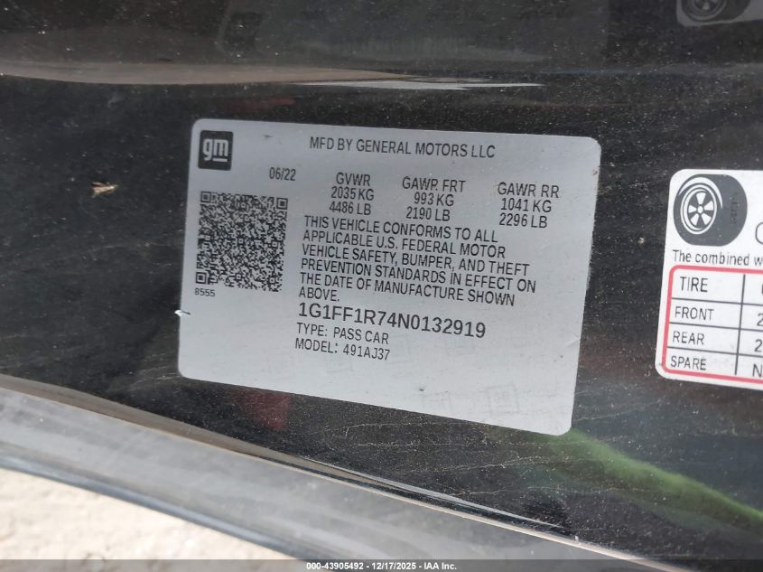 2022 Chevrolet Camaro Rwd Lt1 VIN: 1G1FF1R74N0132919 Lot: 43905492