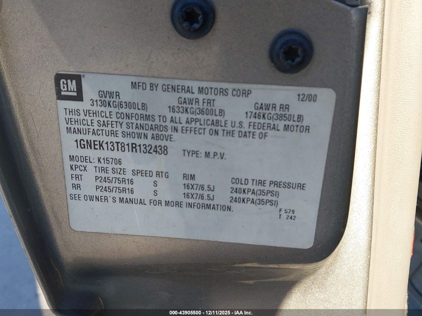 2001 Chevrolet Tahoe Lt VIN: 1GNEK13T81R132438 Lot: 43905500