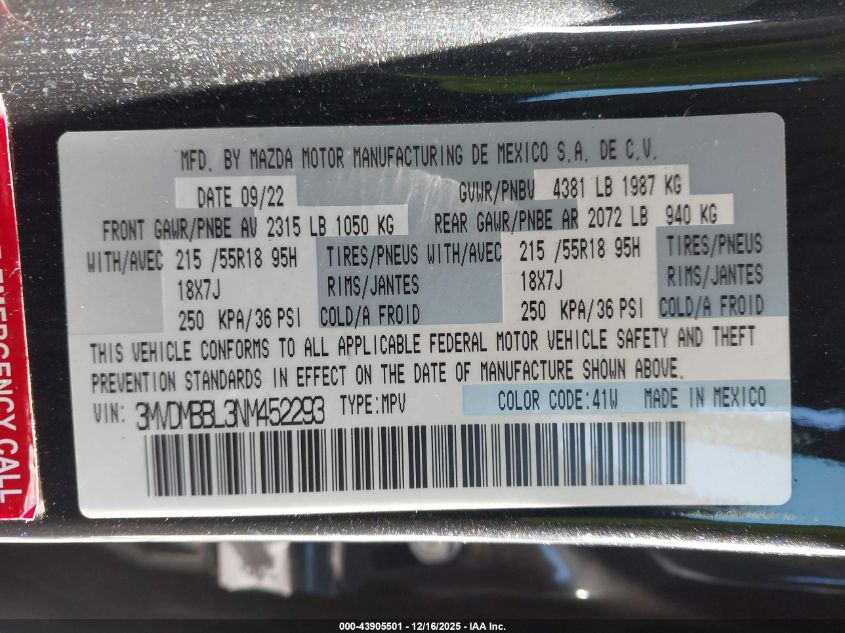 2022 Mazda Cx-30 Select VIN: 3MVDMBBL3NM452293 Lot: 43905501