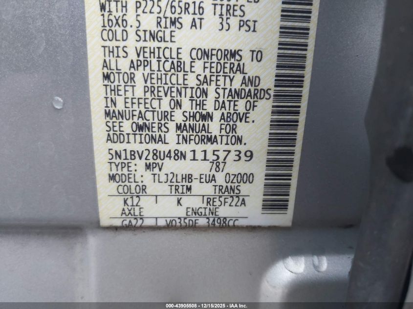 2008 Nissan Quest 3.5 S VIN: 5N1BV28U48N115739 Lot: 43905508