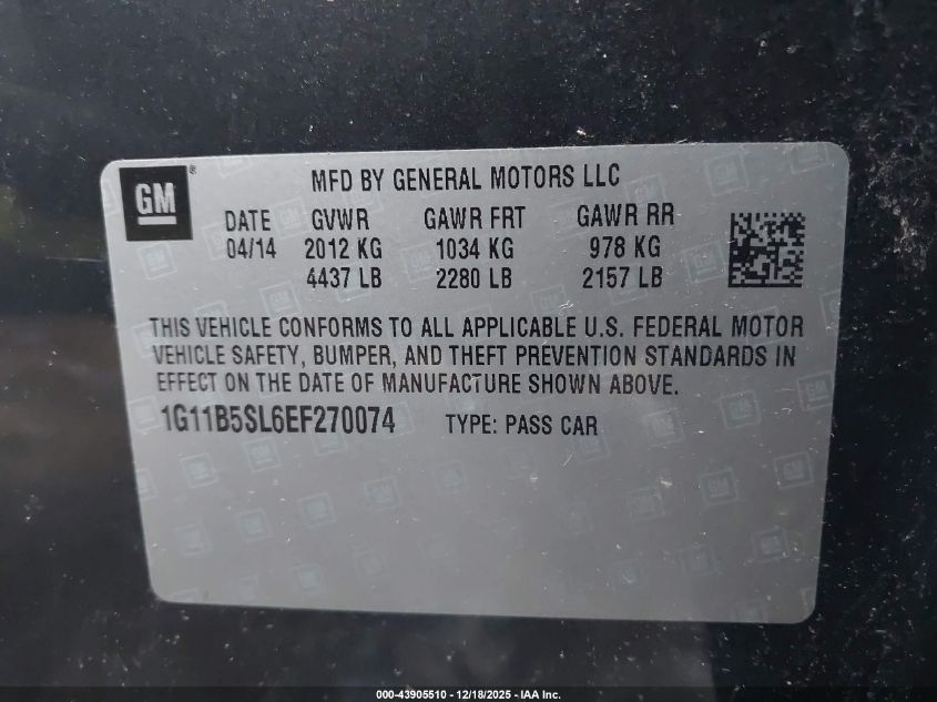 2014 Chevrolet Malibu 1Ls VIN: 1G11B5SL6EF270074 Lot: 43905510